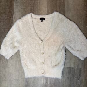 Lucy Paris Soft Fuzzy Cream VNeck Women's Cardigan Small Button Down 3/4 Sleeve